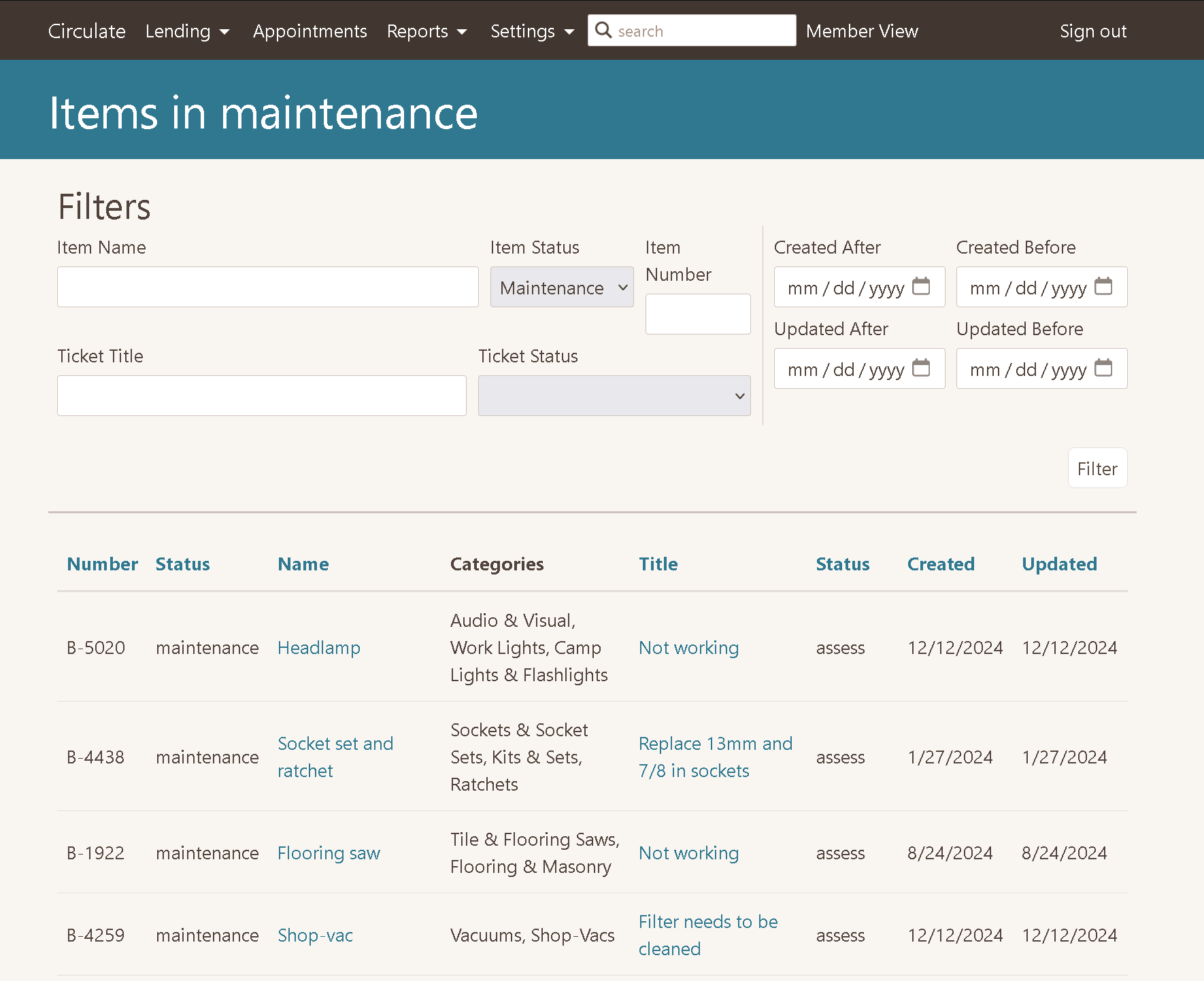 Chicago Tool Library's Circulate admin interface displays a report for items in maintenance. The report includes columns for item number, status, name, category, and ticket information. The report has filter controls at the top for the various columns.